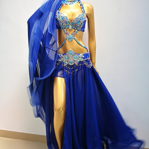 Costume de samba de danse du ventre perlé fait main BLEU ROYAL soutien-gorge + ceinture + jupe + cou 4 pièces tf1732