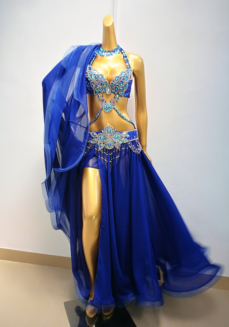Hand made Beaded Belly Dance Samba Costume ROYAL BLUE color bra+ belt +skirt+neck 4 pcs tf1732 