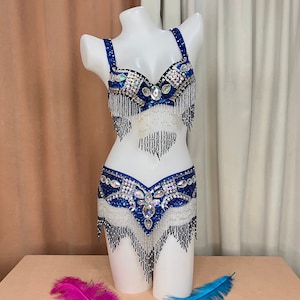 FREE SHIPPING Hand Beaded Belly Dance Samba Costume dark blue color bra belt 2pcs tf1618