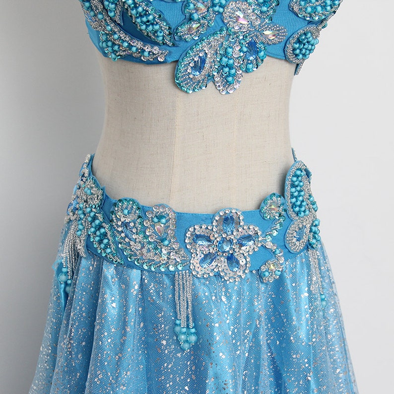 Hand Bead Belly Dance Samba Costume Silver Blue Bra Belt Skirt Etsy
