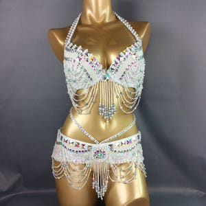 FREE SHIPPING hand make Halloween Belly Dance Carnivel Samba costume white color bra belt 2pcs