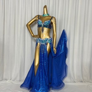 Hand Beads Belly Dance Costumes, Performance Dress, Bra,Belt and Sequins Skirt