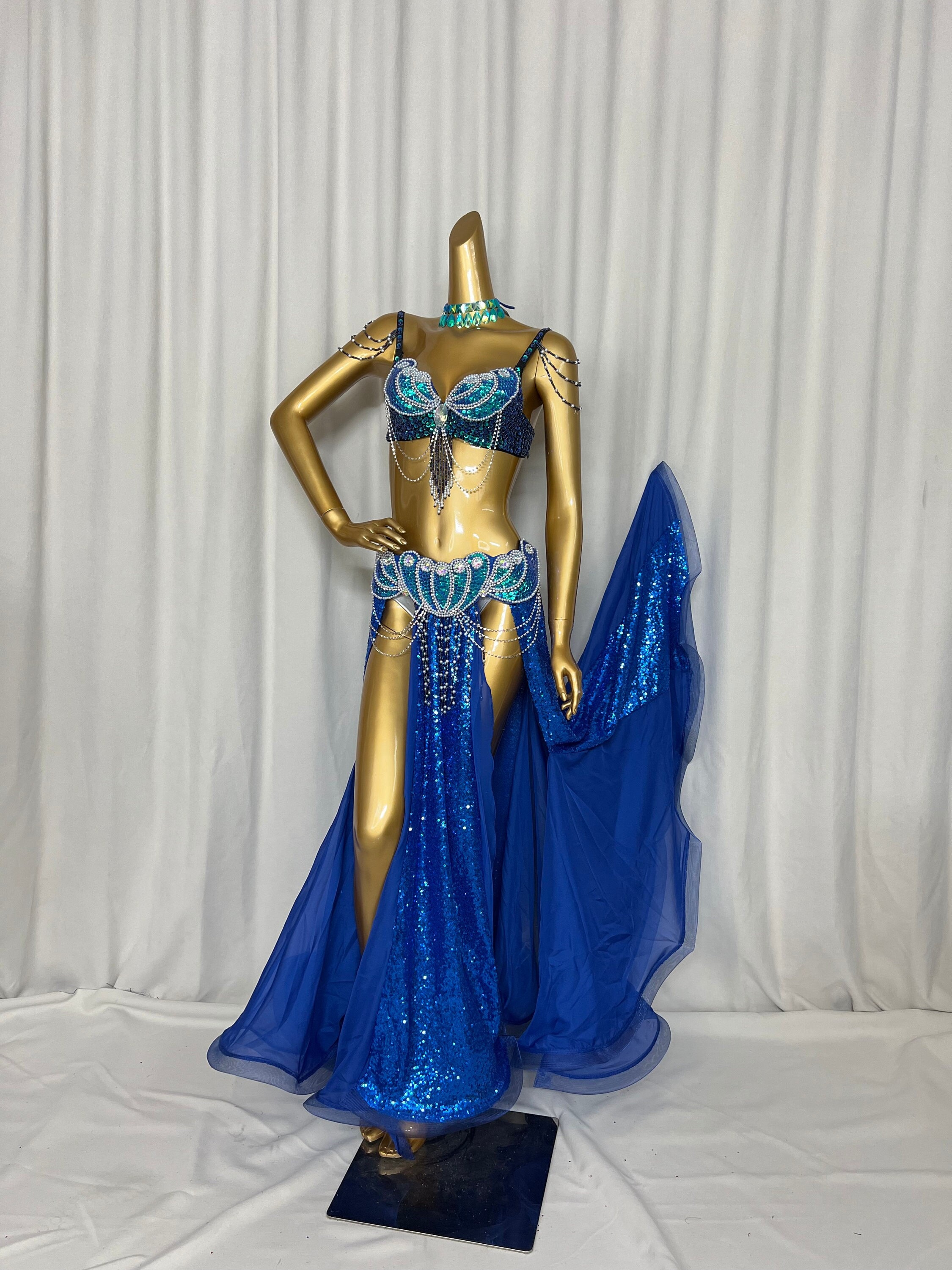 blue belly dance dress Royal blue and gold Bellydance Galabeya