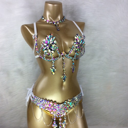 Samba Carnival wire bra and  panty Hand Beads Passista Pageant Cabaret Broadway Theater Mardi Gras, Vegas Showgirl C023