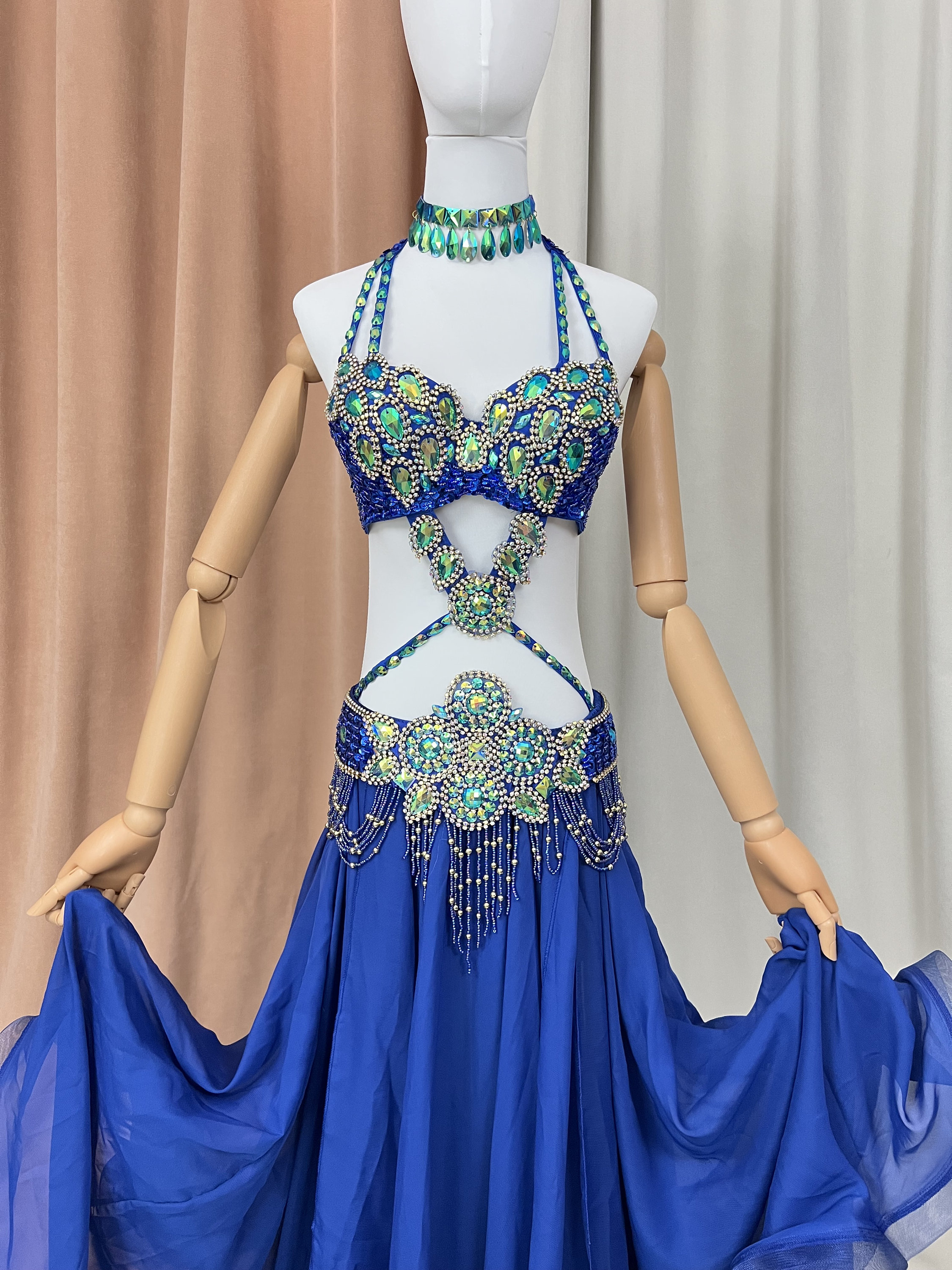 Hand Made Beaded Belly Dance Samba Costume ROYAL BLUE Color Bra+