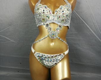 Hand make Rhinestones Beaded Belly Dance Samba Costume silver color bra+pant set BP1732