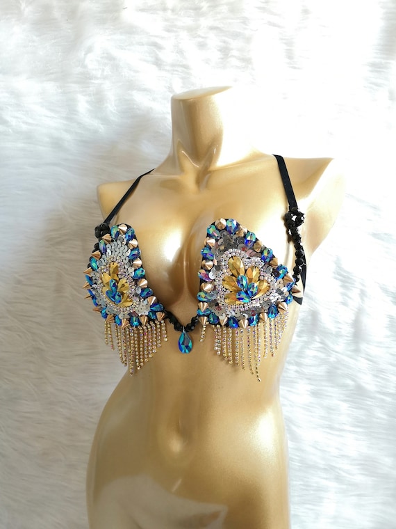 Samba Carnival Rave Festival Paty Wire Bra Royal Blue God Silver Stone -   Canada