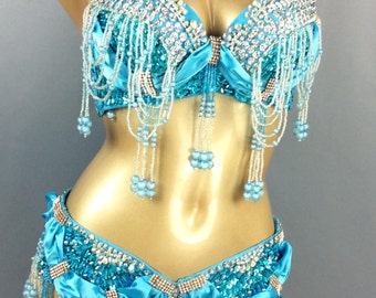 Livraison gratuite Costume de samba de danse du ventre en perles à la main soutien-gorge et ceinture bleu clair 2 pièces
