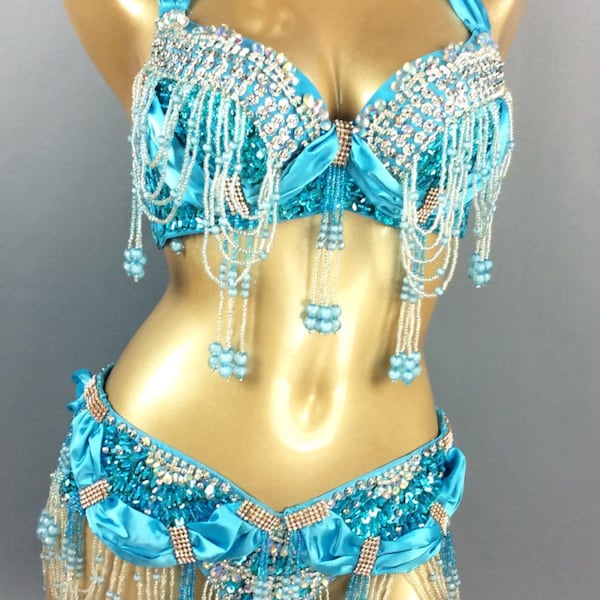 Livraison gratuite Costume de samba de danse du ventre en perles à la main soutien-gorge et ceinture bleu clair 2 pièces