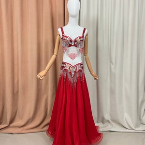 Livraison gratuite Costume de samba de danse du ventre en perles à la main or blanc rouge bleu royal soutien-gorge ceinture jupe Rouge