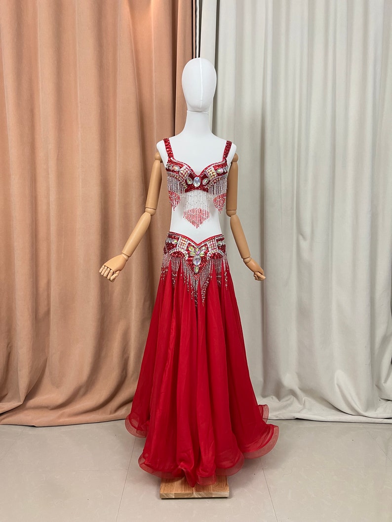 Livraison gratuite Costume de samba de danse du ventre en perles à la main or blanc rouge bleu royal soutien-gorge ceinture jupe Rouge