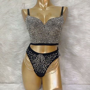 Party BRA Vest Dance Corset+High Waist Thong Women&#39;s   Corset Rave  Crystal Showgirl,