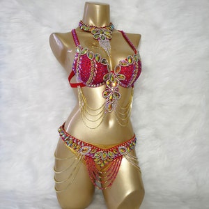 PARTY club Samba dress Bra Belt  panties Bottom Red&Gold Color RAVE costume C028