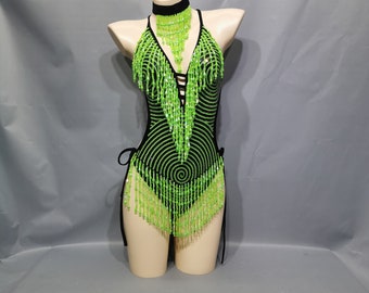 Maillot de bain Sexy pour femmes, body à perles et paillettes, tenue une pièce de danseuse RAVE, Costume de spectacle sur scène, justaucorps pour filles