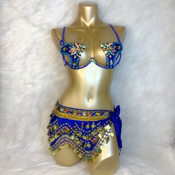 New Sexy Samba Carnival for Women Wire Bra & Belt Stones Belly Dance Suit