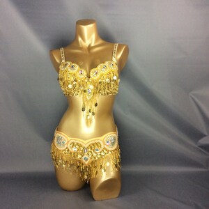 Hand Beaded Belly Dance Samba Costume bra belt GOLD COLOR