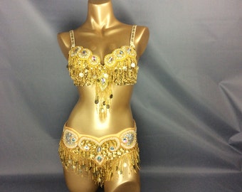 Hand Beaded Belly Dance Samba Costume bra belt GOLD COLOR