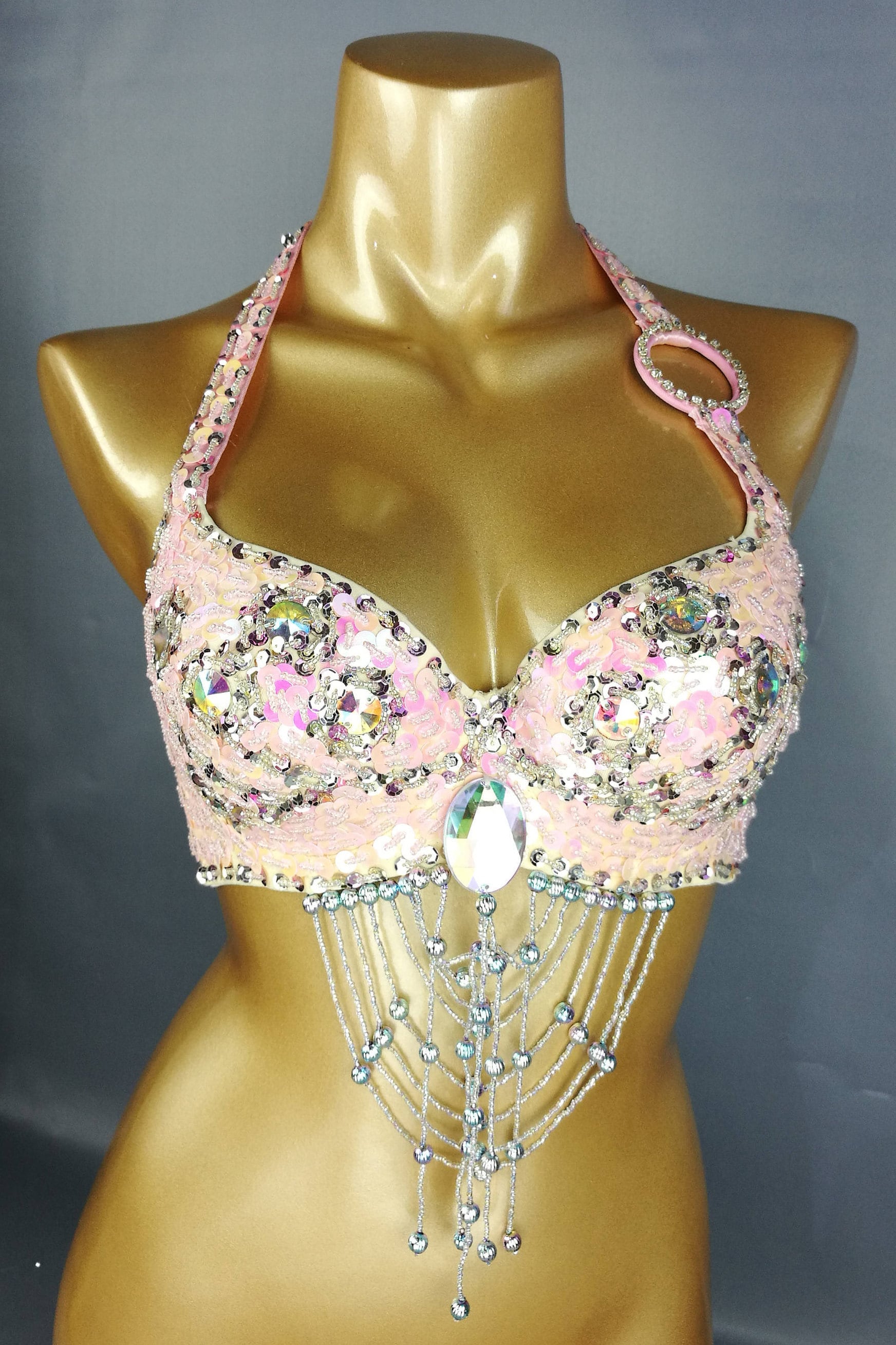 Hand Beaded Belly Dance Samba Costume Bra Only PALE PINK Color Bra209 