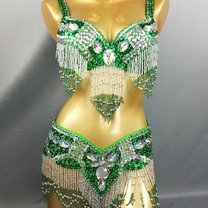 FREE SHIPPING Hand Beaded Belly Dancing Samba Costume GREEN Color