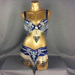 FREE SHIPPING Hand Beaded Belly Dance Samba Costume dark blue color bra belt 2pcs tf1618