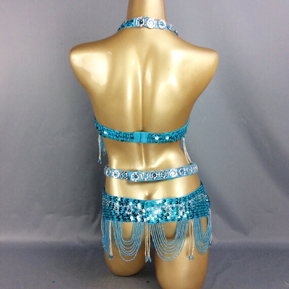 Hand Beaded Belly Dance Samba Costume Bra Belt Skirt 3pcs Tf250