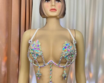 Soutien-gorge à armatures Rave Samba Carnival arc-en-ciel argenté, bleu royal, or et pierre rouge 4 couleurs pour le festival, tenue EDC