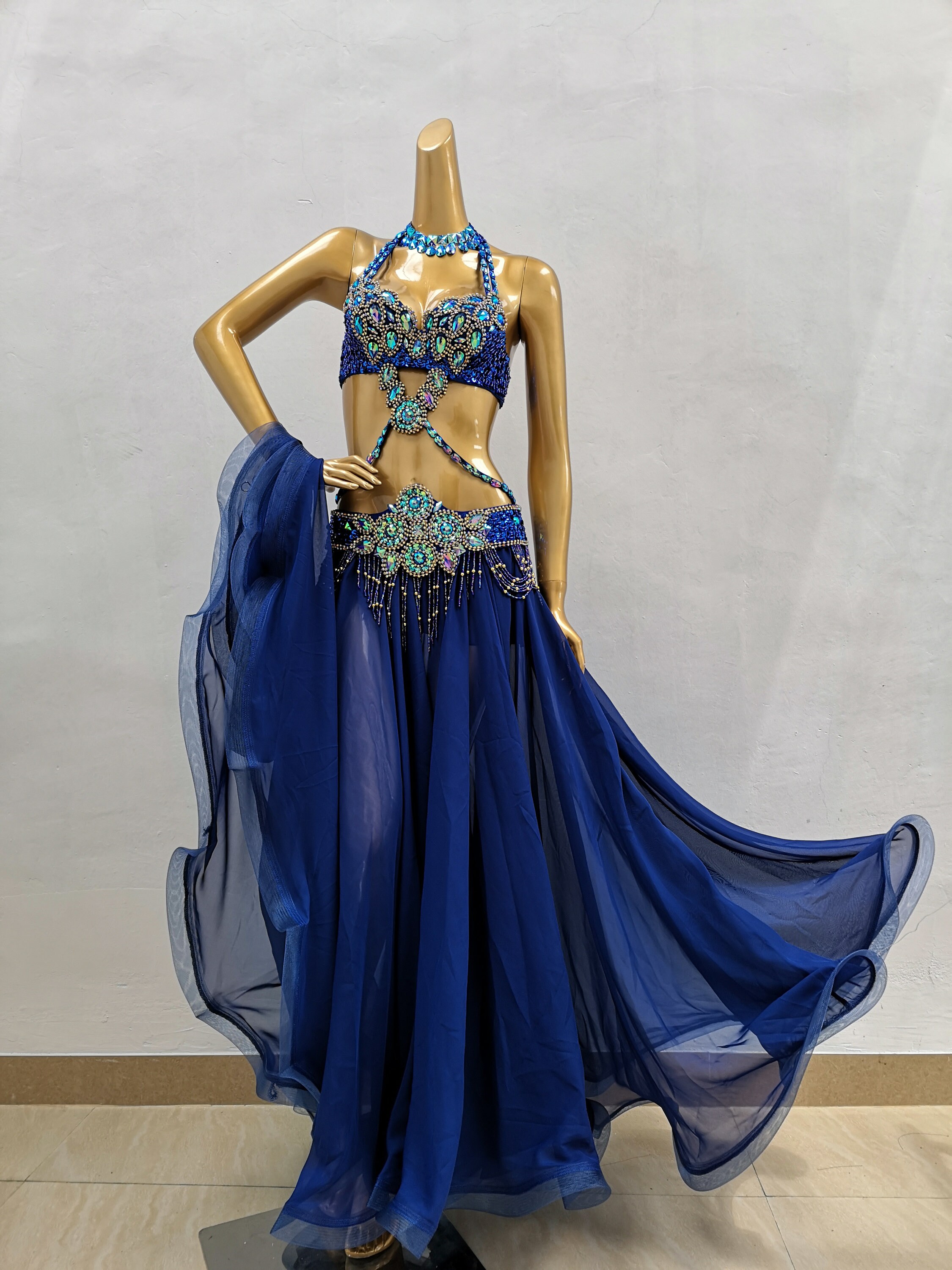Hand Made Beaded Belly Dance Samba Costume ROYAL BLUE Color Bra
