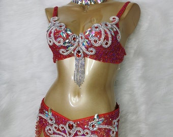 Costume de samba de danse du ventre ensemble de ceinture de soutien-gorge paillettes et strass faits main # TF2053 4 couleurs