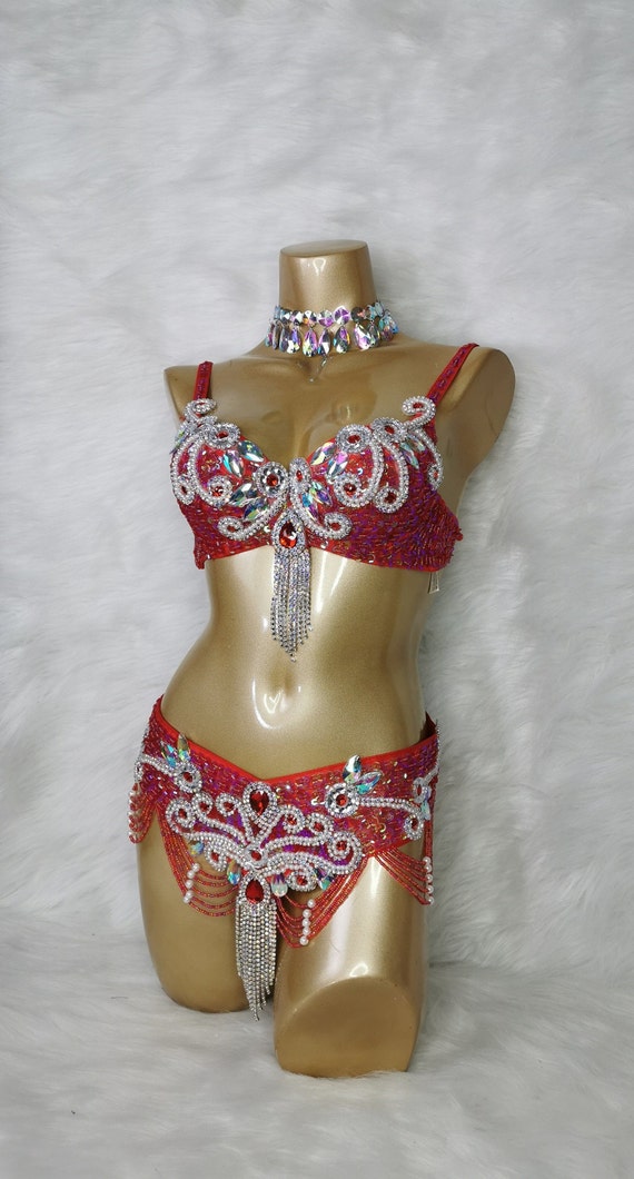 Belly Dance Samba Costume Bra Belt Set Hand Made Sequins &rhinestones  TF2053 4 Color In 