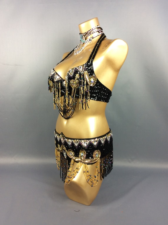 Two Piece Belly Dance Bedlah Egyptian Dancing Costume Sequin Bra Skirt Belt