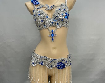 Halloween costumes Hand make Beaded Belly Dance Samba Costume silver&ryoal blue color bra belt 2 pcs tf1921732