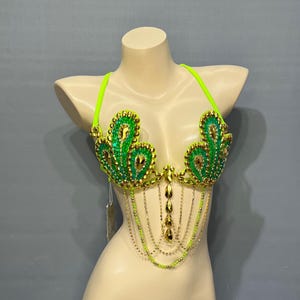 May include: Green and gold sequined bra with a chain fringe. The bra has a halter style strap and is decorated with green and gold sequins.