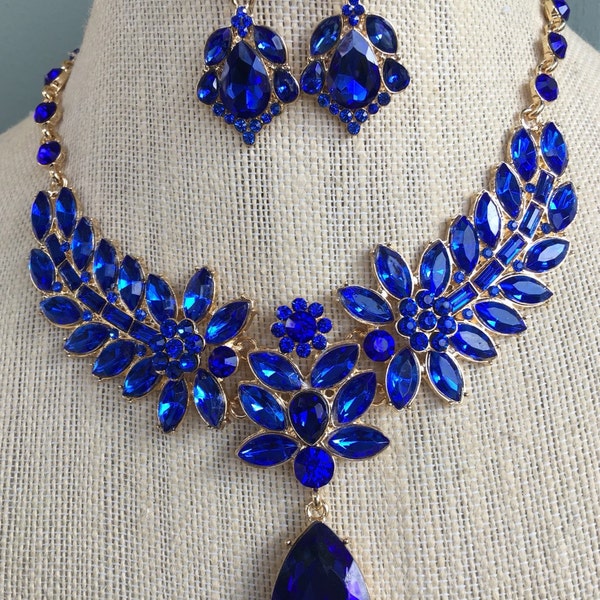 Beautiful Downton Abbey Vintage Style Sapphire Royal Blue Rhinestone Statement Necklace and Earring Set