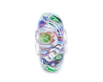 Handgemaakte lampwork glaskraal met zilveren details - enkele kraal voor armband en ketting "WETLAND"