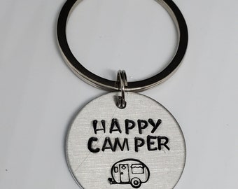 Happy Camper Keychain, Hand Stamped, Key Fob