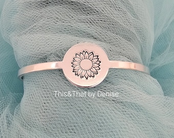 Sunflower Medallion Hand Stamped Bracelet, Cuff Bracelet, Hand Stamped