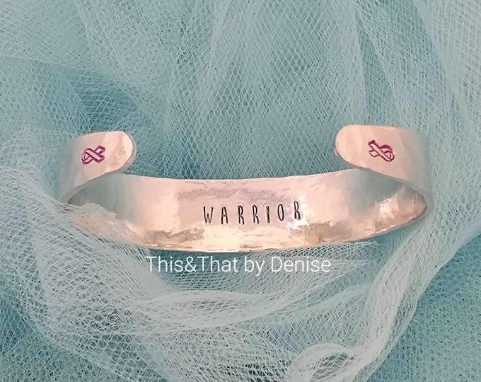 Featured listing image: Breast Cancer Warrior Bracelet,  Cuff Bracelet, Hand Stamped