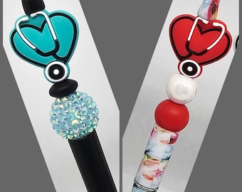 Heart Stethoscope Beaded Pen, Ballpoint Pen, Black Ink