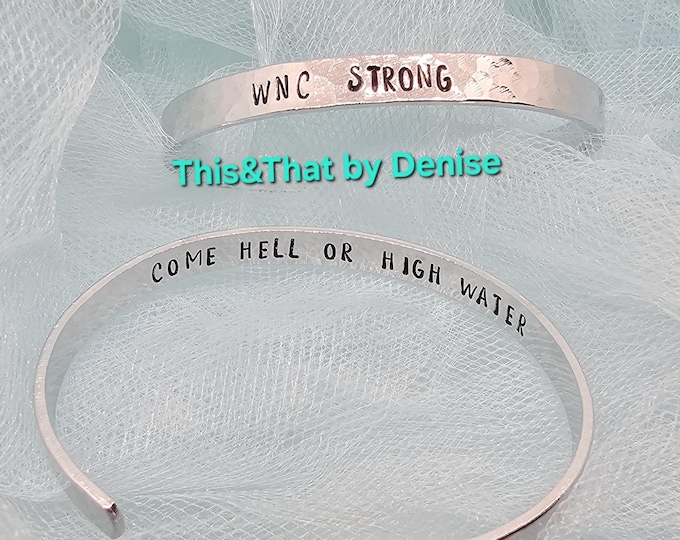 Featured listing image: WNC Strong, Community Strong Hand Stamped Cuff Bracelet,