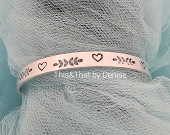 Heart and Branch Bracelet, Cuff Bracelet, Hand Stamped