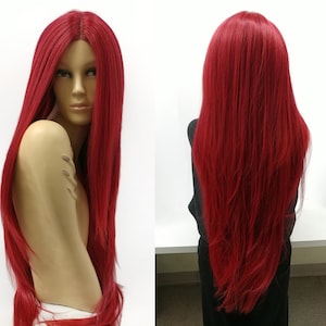 May include: A long, straight, bright red wig with a lace front. The wig is styled with a center part and falls to the shoulders.