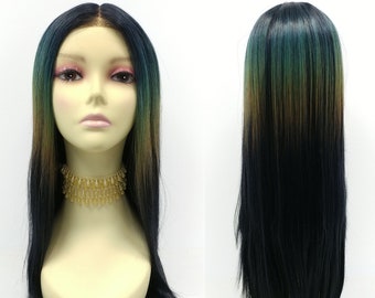 24 inch Long Straight Lace Front Space Rainbow with Midnight Blue Roots Middle Part Heat Resistant Wig [133-648-Galaxy2-SPRainbow]