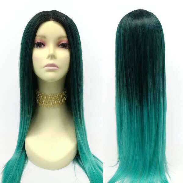 25 inch Long Straight Lace Front Forest Green Mint Mix with Dark Roots Fixed Middle Part Heat Resistant Wig [133-646B-Galaxy-TTFGrn/Mint]