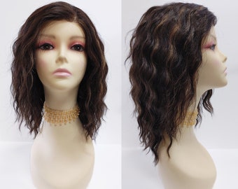100% Human Hair 13 inch Deep Lace Front Dark Brown with Light Copper Highlights Wavy Layered Free Part Wig [116-568F-Pricilla-2/27]