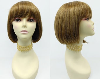 100% Human Hair Light Brown and Light Copper Mix Straight Pageboy Bob Wig with Bangs [116-547C-Caeli-8/26]