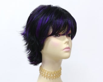 Black and Purple Mix Short Flip Wig with Bangs [Tarsha-1B/TPurple]