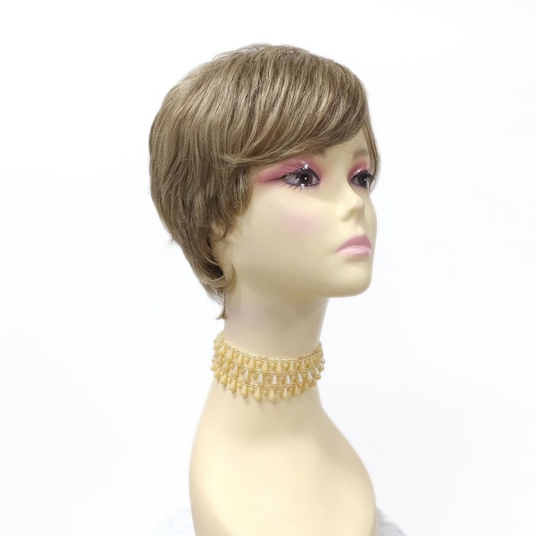 Light Ash Brown Gold Blonde Blend Pixie Cut Short Wavy Layered Wig with Bangs [Apple-24/14]