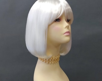 White Synthetic Fashion Costume Wig Short Straight Bob Pageboy Bangs 9 Inch [Candy-White]