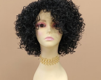 Black Gray Wig Curly Tight Curls Layered Bob Heat Resistant Synthetic 11 Inch [Kammie-280]