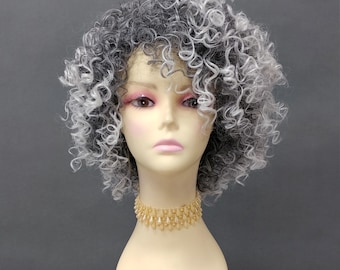 Black Gray Salt and Pepper Wig Curly Tight Curls Layered Bob Heat Resistant Synthetic 11 Inch [Kammie-1B/60]